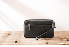 Black Leather Mens Long Zipper Clutch Wallet Wristlet Bag Long Wallet Phone Clutch Wallet for Men