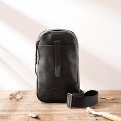 Black Leather Mens Sling Bag Sling Shoulder Bag Chest Bag for men