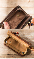 Black Leather Mens Small Car Key Wallet Dark Brown Key Holder Coin Purse Card Holder For Men