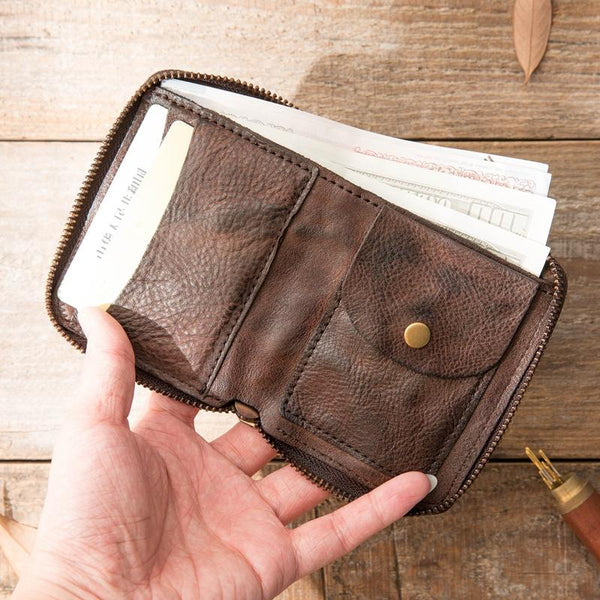 Black Leather Mens Small Card Wallet Front Pocket Wallet Brown Zipper Coin billfold Wallet For Men