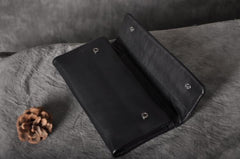Black Leather Women Long Wallet Trifold Wallet For Women