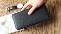 Black Mens Leather Zipper Long Wallet Phone Long Bifold Wallet for Men