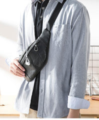 Fashion Black Leather Mens Chest Bag Sling Bag Black One Shoulder Backpack for Men