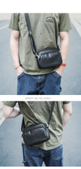 Black Leather Mens Small Courier Bag Messenger Bag Mini Postman Bag For Men
