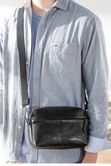 Fashion Black Small Leather Mens Side Bag Black Mini Courier Bag Messenger Bags POstman Bag for Men