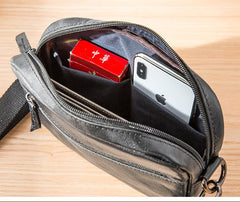 Fashion Black Small Leather Mens Side Bag Black Mini Courier Bag Messenger Bags POstman Bag for Men