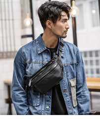 Black Leather Mens Waist Bag Fanny Pack Sling Bag Chest Bag Black One Shoulder Backpack for Men