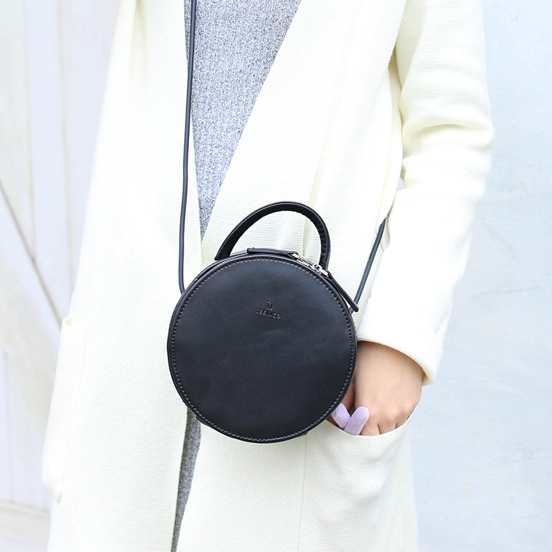 Black Stylish LEATHER WOMENs Circle Handbags Round SHOULDER BAG Purses FOR WOMEN