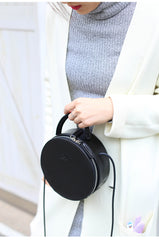 Black Stylish LEATHER WOMENs Circle Handbags Round SHOULDER BAG Purses FOR WOMEN