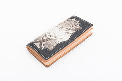 Cool Black Snakeskin Leather Mens Long Wallet Handmade Bifold Long Wallet For Men