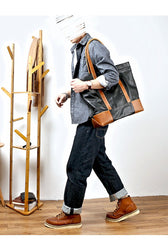 Black Vintage Leather Men Womens Large Tote Bag Brown Shoulder Tote Bag Shopper Tote For Men