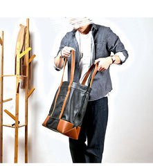 Black Vintage Leather Men Womens Large Tote Bag Brown Shoulder Tote Bag Shopper Tote For Men