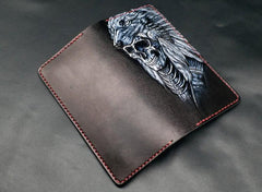 Black Handmade Tooled Japanese Samurai Skull Leather Mens Long Wallet Bifold Long Wallet For Men
