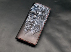 Black Handmade Tooled Japanese Samurai Skull Leather Mens Long Wallet Bifold Long Wallet For Men