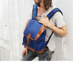 Blue Nylon Leather Mens Large 14'' Laptop Backpack College Backpack Travel Backpack for Men