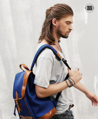 Blue Nylon Leather Mens Large 14'' Laptop Backpack College Backpack Travel Backpack for Men