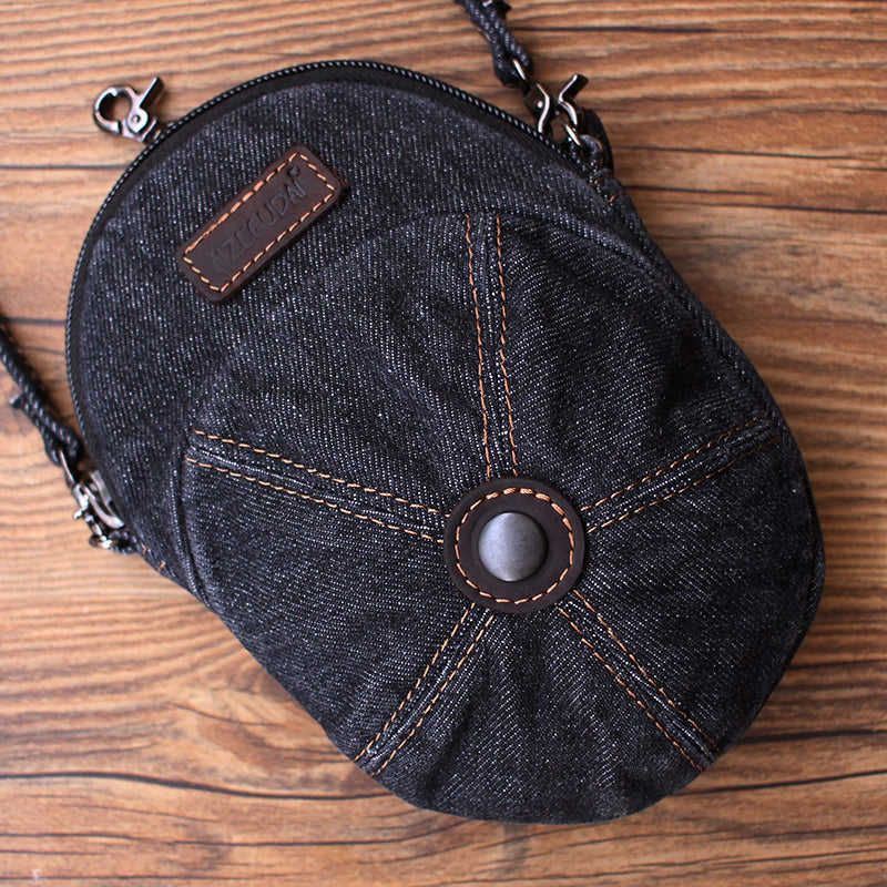 Black Unique Denim Cap Mini Shoulder Bags Belt Pouch Denim Cap Phone Crossbody Bag Women