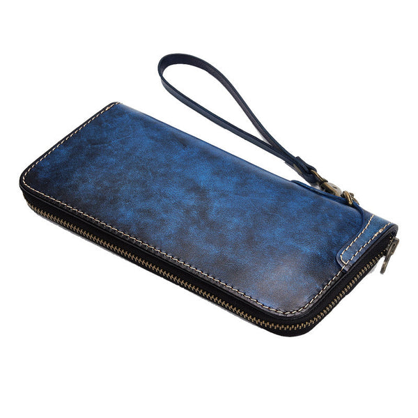 Blue Wristlet Leather Wallets Handmade Zipper Long Wallets For Men KBPJ01551024