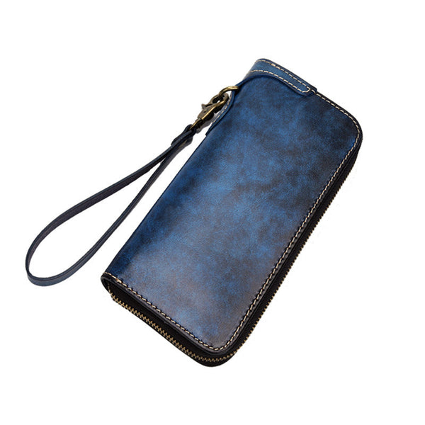 Blue Wristlet Leather Wallets Handmade Zipper Long - Back View