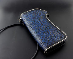 Tooled Handmade Blue Leather Men's Chain Wallet Motorcycle Wallet Long Wallet with Chain For Men