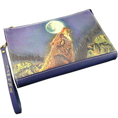 Blue Handmade Tooled Leather Wolf Clutch Wallet Wristlet Bag Clutch Purse For Men