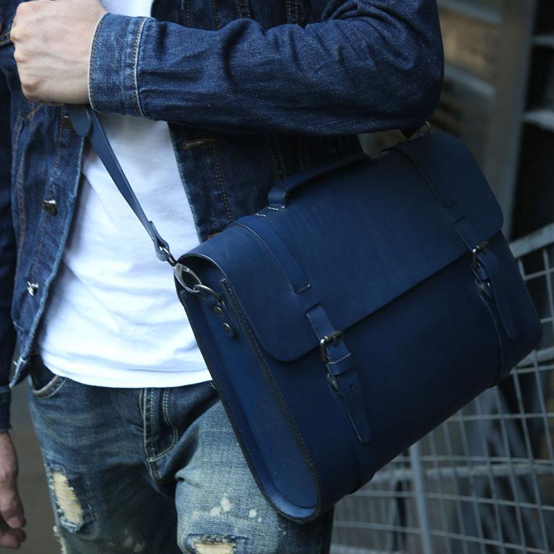 Navy leather cheap messenger bag