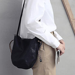 Brown Leather Womens SMall Shoulder Bucket Bag Black Barrel Shoulder Purse for Ladies