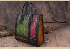 Vintage Color Block Women Leather Tote Handbags Shopping Bag Purse Handbags Shoulder Bags