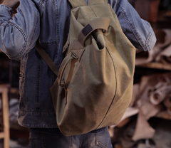 Khaki Canvas Mens Large Backpack Travel Backpack Canvas Barrel Backpack Bucket Backpack For Men