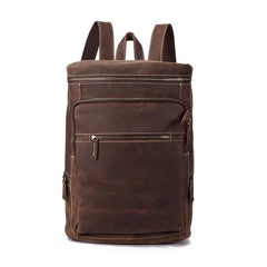 Brown Leather Men's 14 inches Large Barrel Computer Backpack Cylinder Travel Backpack Large College Backpack For Men