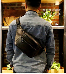 Brown LEATHER MENS FANNY PACK FOR MEN - Stitching Detail