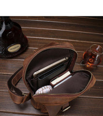 Brown Cool LEATHER MENS Sling Bags One Shoulder Backpack Dark Coffee Chest Bag For Men