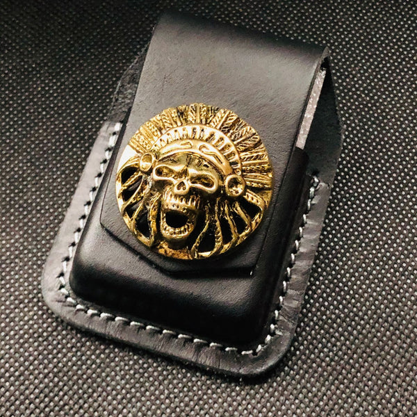 Black Handmade Leather Mens Indian Skull Zippo - Back View