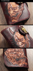 Brown Handmade Tooled Hannya Leather Mens Small Bifold Biker Wallet billfold Wallet For Men