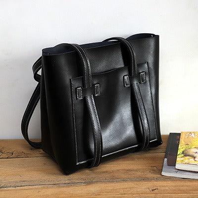 Black LEATHER WOMEN Tote BAGs Handmade Strap - Open View