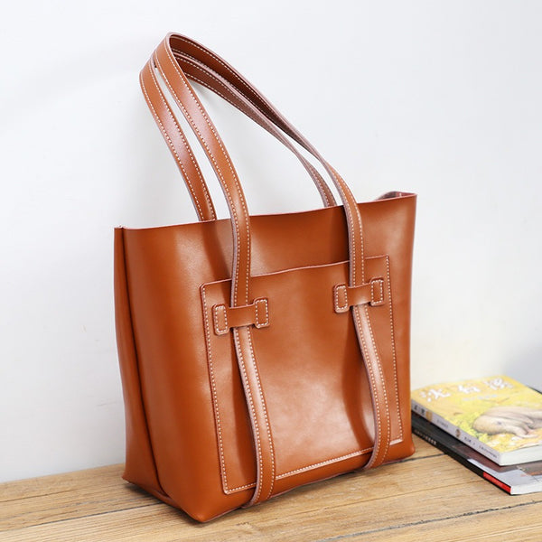 Brown LEATHER WOMEN Tote BAGs Handmade Strap - Side View