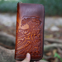 Brown Leather Japanese Samurai Tooled Zip Wallet Handmade Clutch Wallet for Men