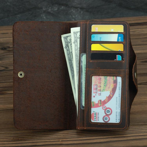 Coffee Leather Long Wallet for Men Trifold - Back View