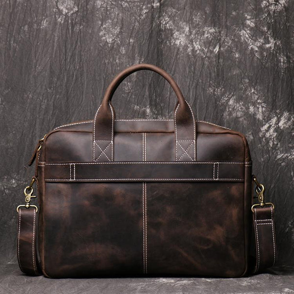Brown Leather Men 14 inches Vintage Briefcase Handbag Dark Coffee Laptop Handbag FY03682100