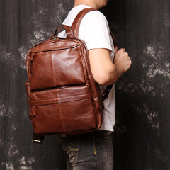 Brown Leather Men's 15 inches Computer Backpack Travel Backpack Brown Laptop College Backpack For Men