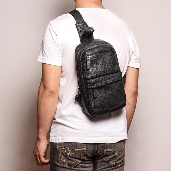 Brown Leather Men's Sling Bag Sling Backpack - Back View