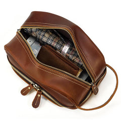 Brown Leather Men's Clutch Bag Double Zipped Wristlet Handbag Storage Bag For Men