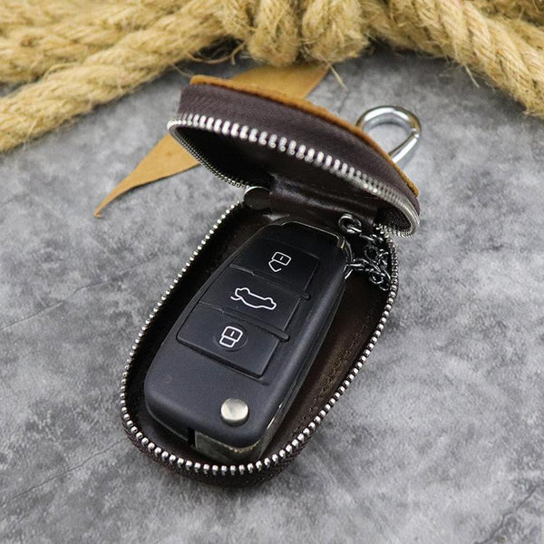 Brown Leather Men's Car Key and Oval - Back View