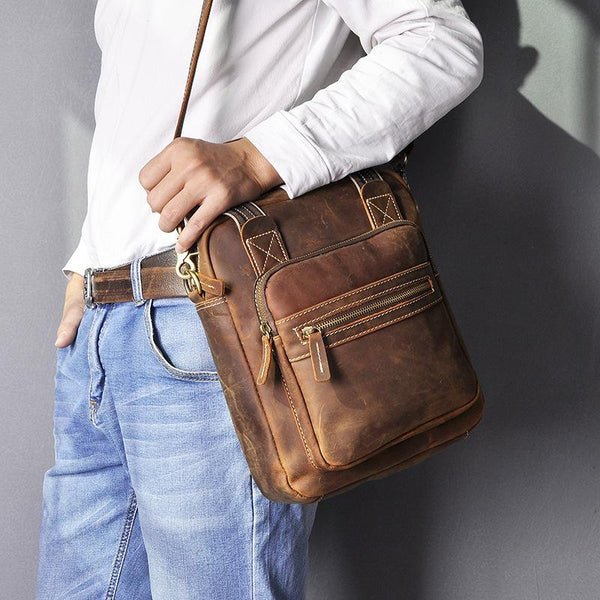 Vintage Brown Leather Mens Vertical Work Bag - Back View