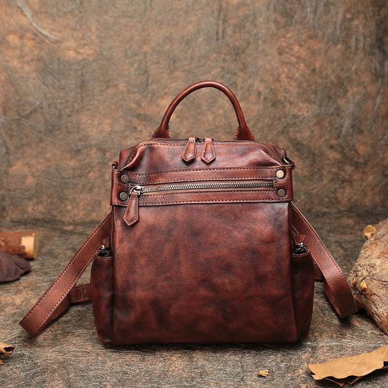 Vintage Brown Leather Rucksack Womens School Leather Backpack Ladies Backpack Purses
