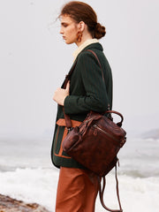 Vintage Coffee Leather Rucksack Womens School Backpack Ladies Leather Backpack Purses