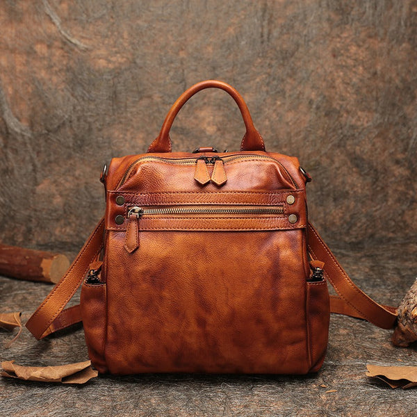 Vintage Red Leather Rucksack Womens School Backpack - Lifestyle View