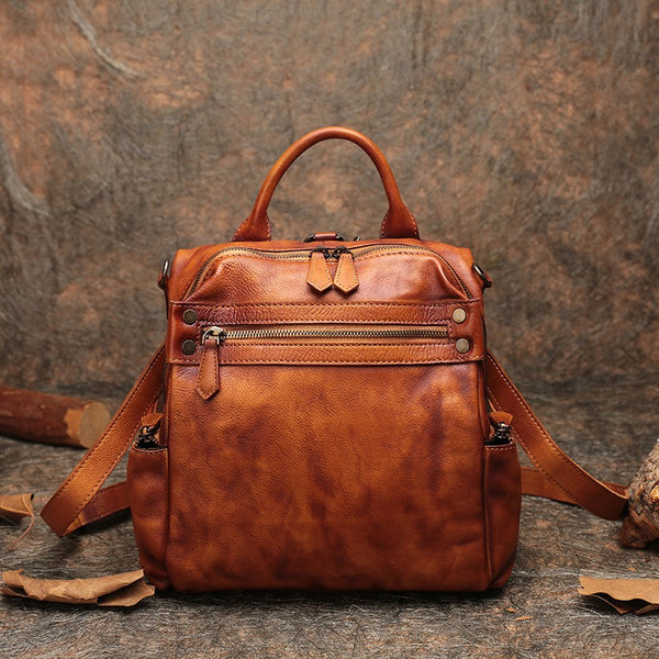 Vintage Brown Leather Rucksack Womens School Leather - Lifestyle View