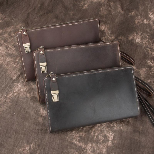 Brown MENS LEATHER Wristlet Wallet SLIM ZIPPER - Back View