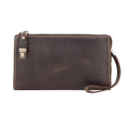 Brown MENS LEATHER Wristlet Wallet SLIM ZIPPER CLUTCH WRISTLET PURSE BAG CLUTCH BAG FOR MEN